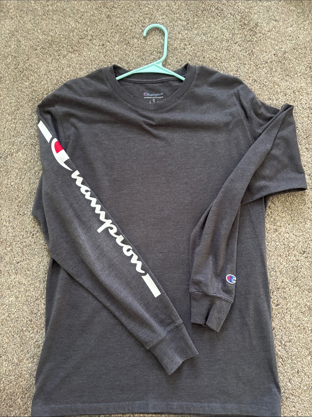 Champion Men's Long Sleeve Tee - Charcoal with White & Red Logo